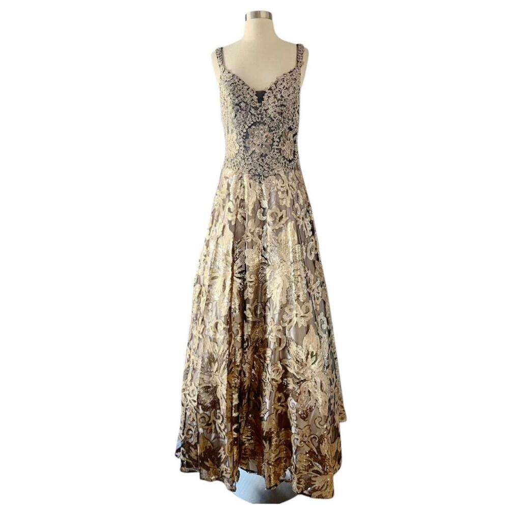 SAVOY Gold Dress Jacquard Beaded Sequins Ball Gown Strapless Princess Medium NWT